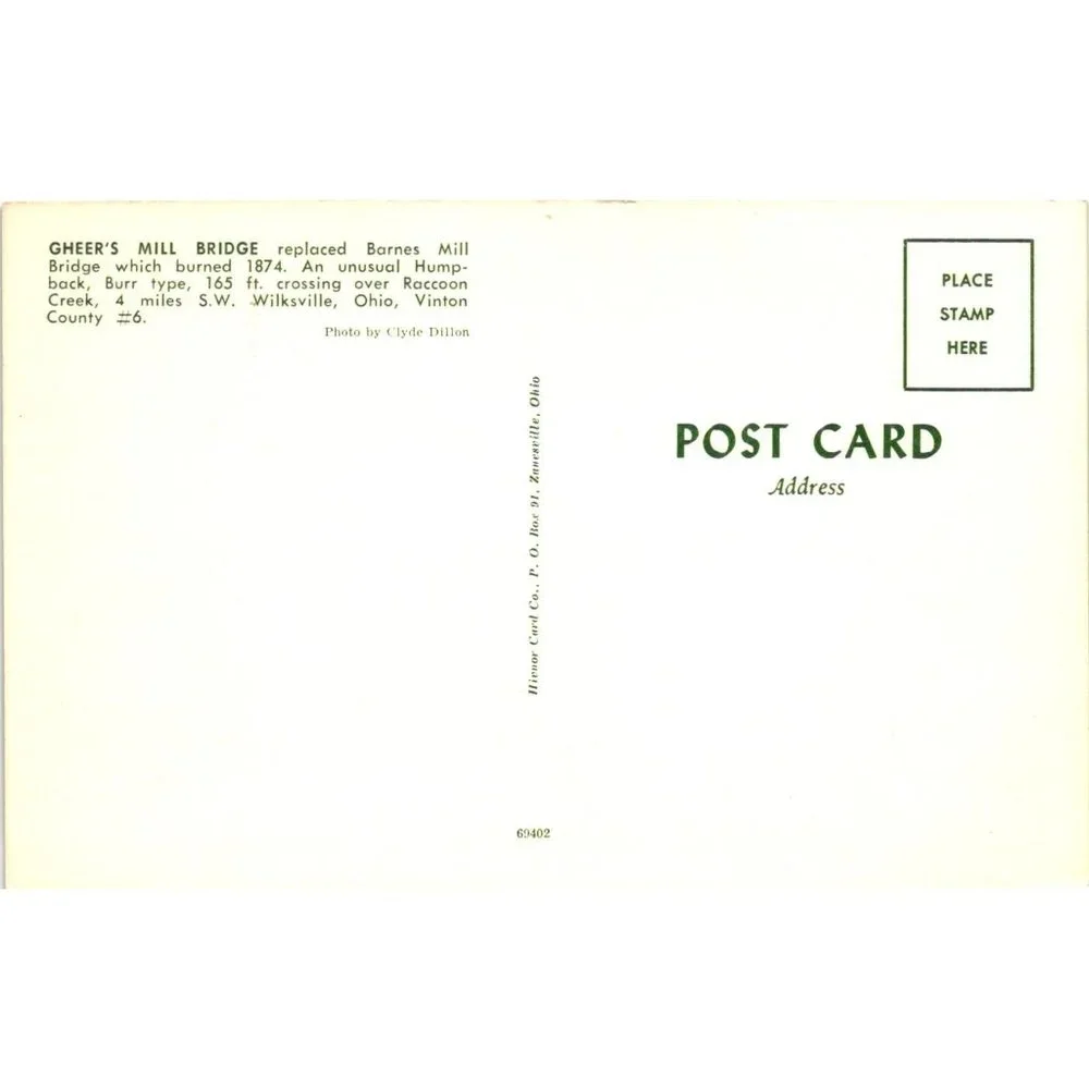 Gheers Mill Covered Bridge Postcard Travel Souvenir Unposted Barnes Mill